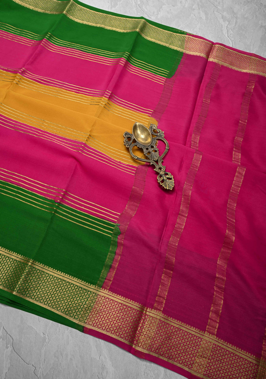 Mustard Mysore Silk Saree with Horizontal Zari Stripes and Panel Border in KSIC Grade Thickness | SILK MARK CERTIFIED