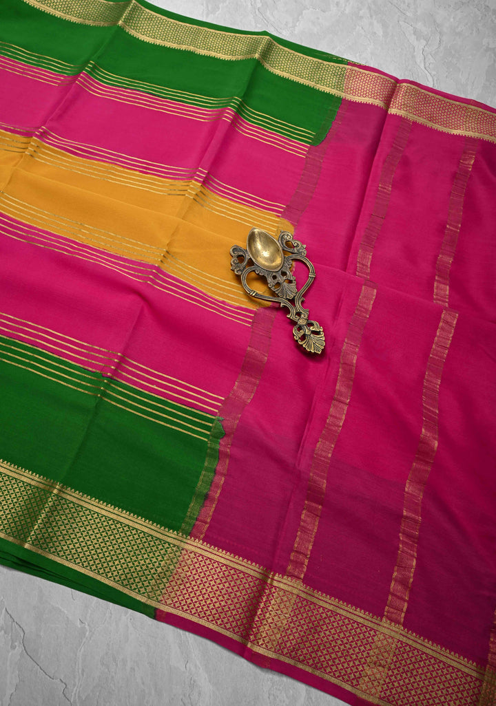 Mustard Mysore Silk Saree with Horizontal Zari Stripes and Panel Border in KSIC Grade Thickness | SILK MARK CERTIFIED