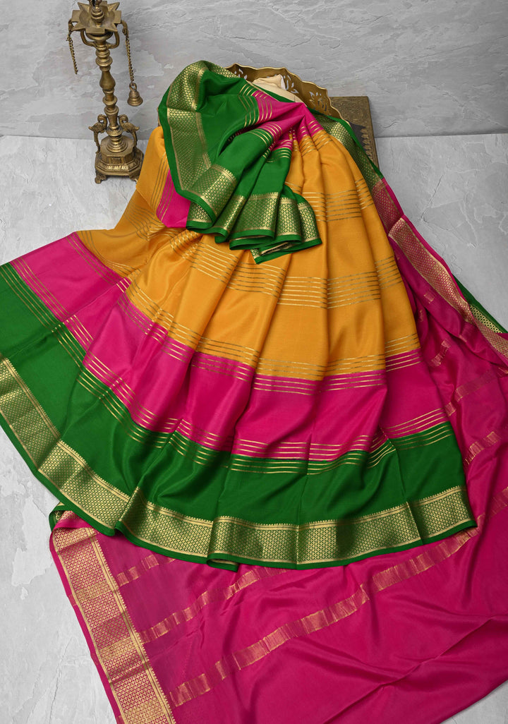 Mustard Mysore Silk Saree with Horizontal Zari Stripes and Panel Border in KSIC Grade Thickness | SILK MARK CERTIFIED