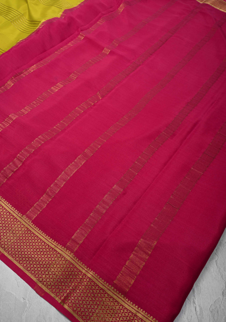 Moss yellow Silk Saree with Horizontal Zari Stripes and Panel Border in KSIC Grade Thickness | SILK MARK CERTIFIED