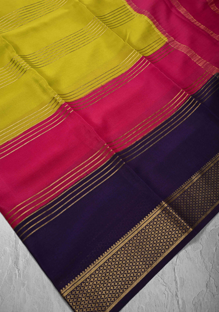 Moss yellow Silk Saree with Horizontal Zari Stripes and Panel Border in KSIC Grade Thickness | SILK MARK CERTIFIED
