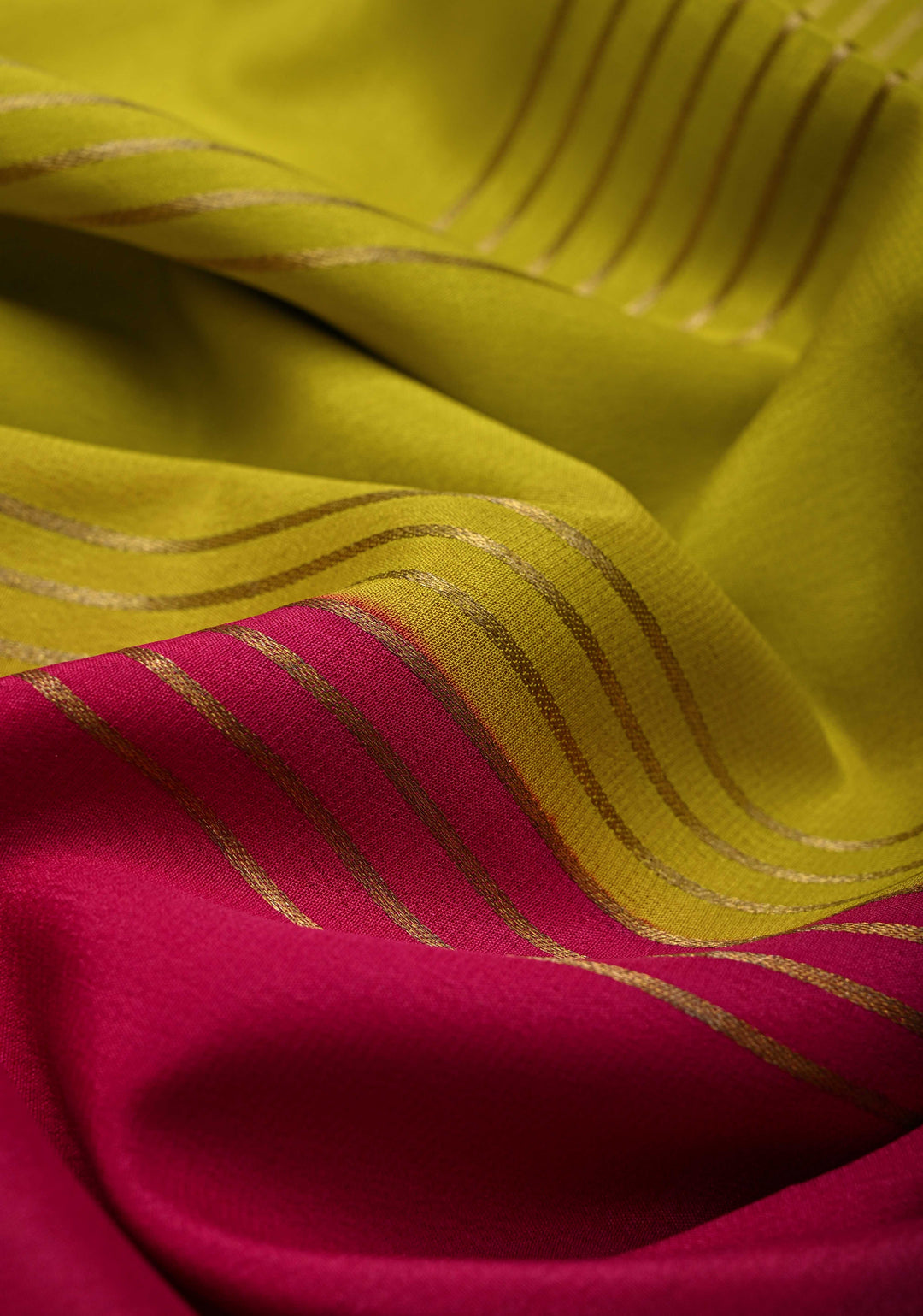 Moss yellow Silk Saree with Horizontal Zari Stripes and Panel Border in KSIC Grade Thickness | SILK MARK CERTIFIED