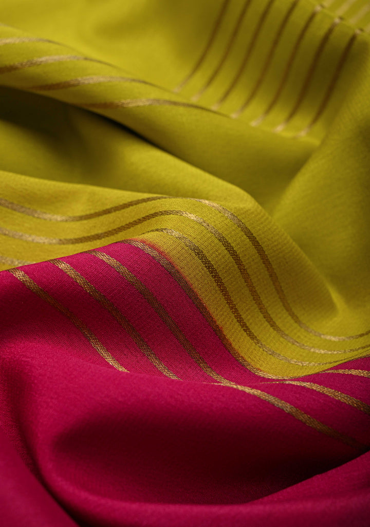 Moss yellow Silk Saree with Horizontal Zari Stripes and Panel Border in KSIC Grade Thickness | SILK MARK CERTIFIED