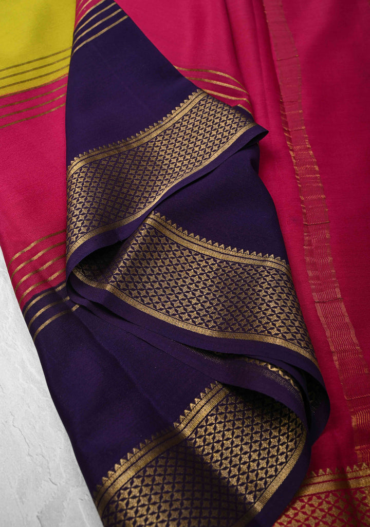 Moss yellow Silk Saree with Horizontal Zari Stripes and Panel Border in KSIC Grade Thickness | SILK MARK CERTIFIED