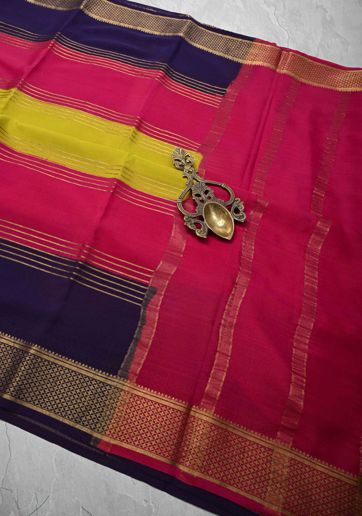 Moss yellow Silk Saree with Horizontal Zari Stripes and Panel Border in KSIC Grade Thickness | SILK MARK CERTIFIED