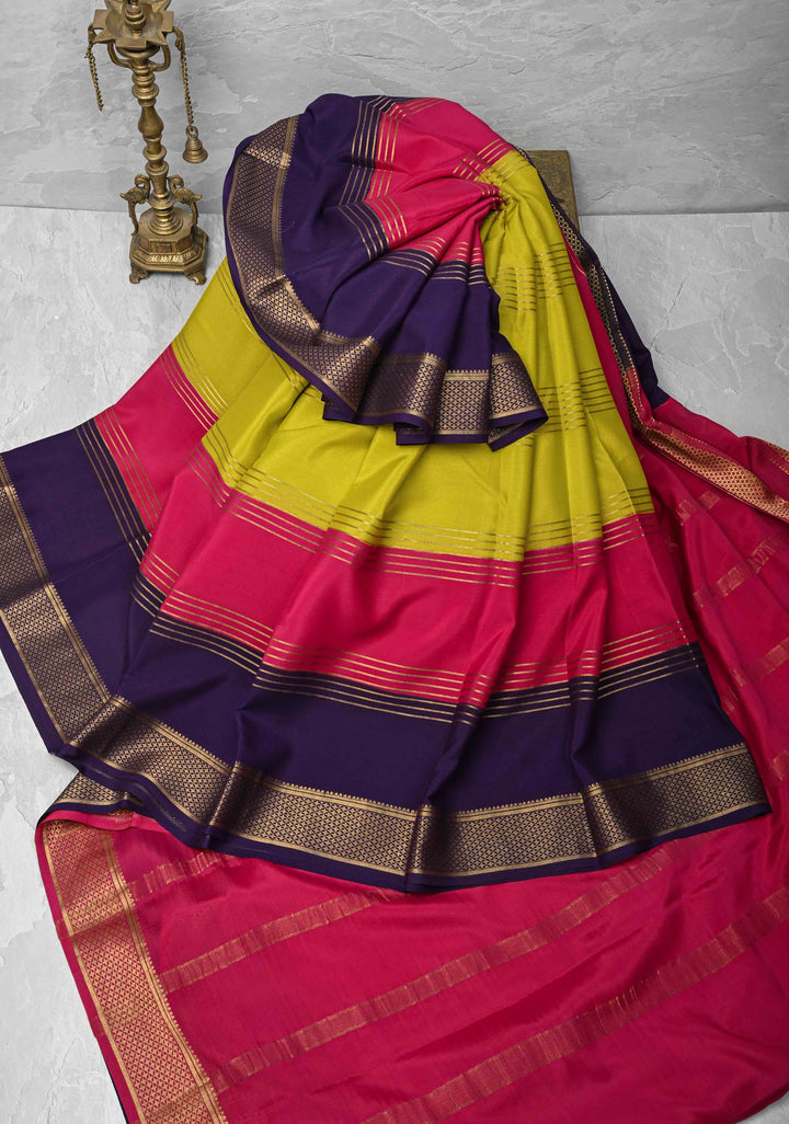 Moss yellow Silk Saree with Horizontal Zari Stripes and Panel Border in KSIC Grade Thickness | SILK MARK CERTIFIED