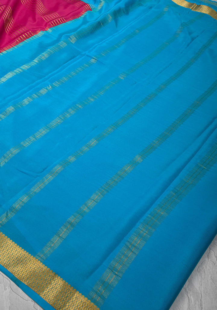 Dark Pink Silk Saree with Horizontal Zari Stripes and Panel Border in KSIC Grade Thickness | SILK MARK CERTIFIED