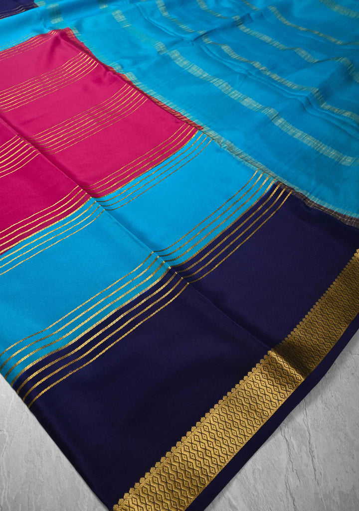 Dark Pink Silk Saree with Horizontal Zari Stripes and Panel Border in KSIC Grade Thickness | SILK MARK CERTIFIED