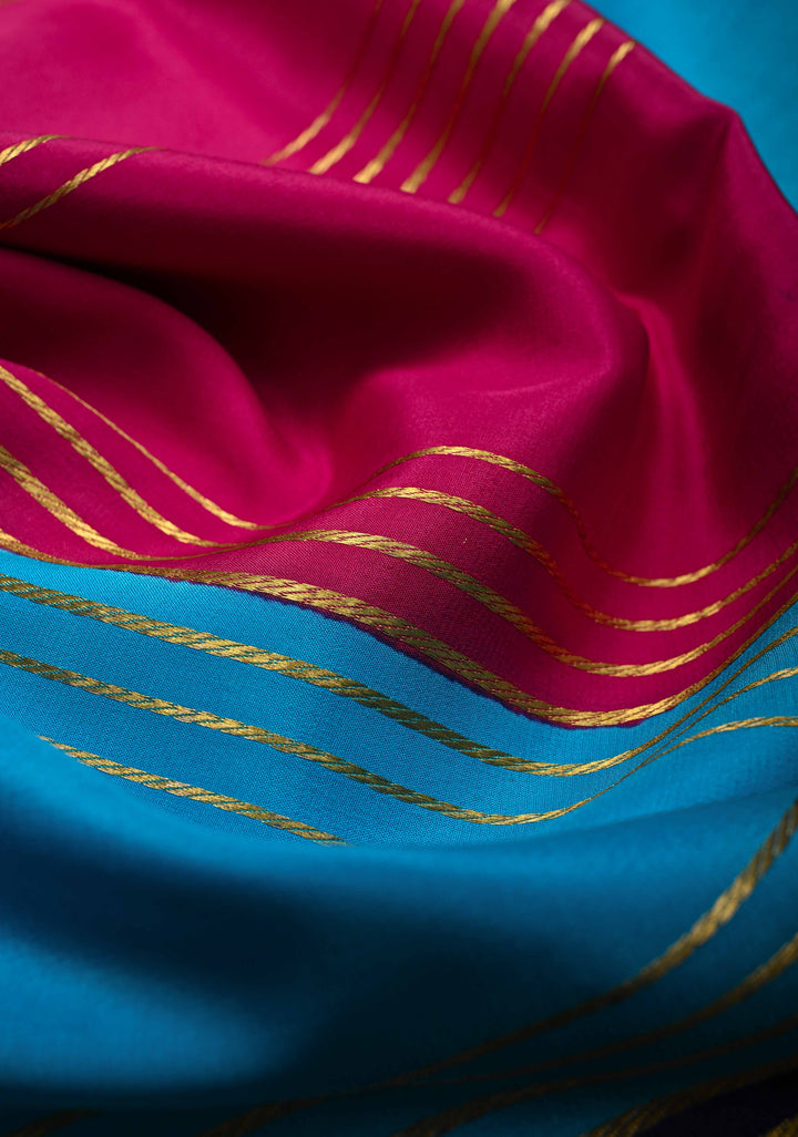 Dark Pink Silk Saree with Horizontal Zari Stripes and Panel Border in KSIC Grade Thickness | SILK MARK CERTIFIED