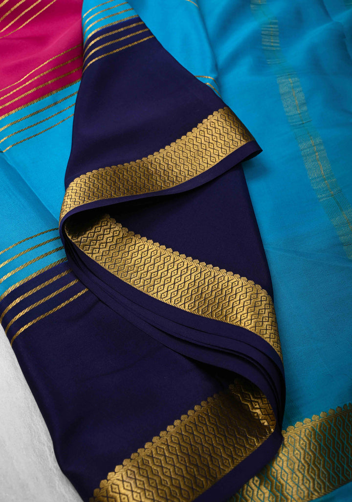 Dark Pink Silk Saree with Horizontal Zari Stripes and Panel Border in KSIC Grade Thickness | SILK MARK CERTIFIED
