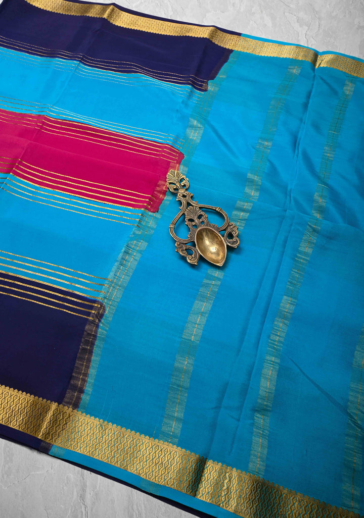 Dark Pink Silk Saree with Horizontal Zari Stripes and Panel Border in KSIC Grade Thickness | SILK MARK CERTIFIED