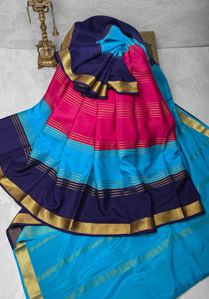 Dark Pink Silk Saree with Horizontal Zari Stripes and Panel Border in KSIC Grade Thickness | SILK MARK CERTIFIED