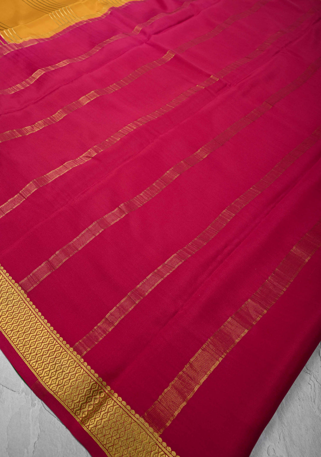 Mustard Yellow Mysore Silk Saree with Horizontal Zari stripes and Panel Border in KSIC Grade Thickness | SILK MARK CERTIFIED