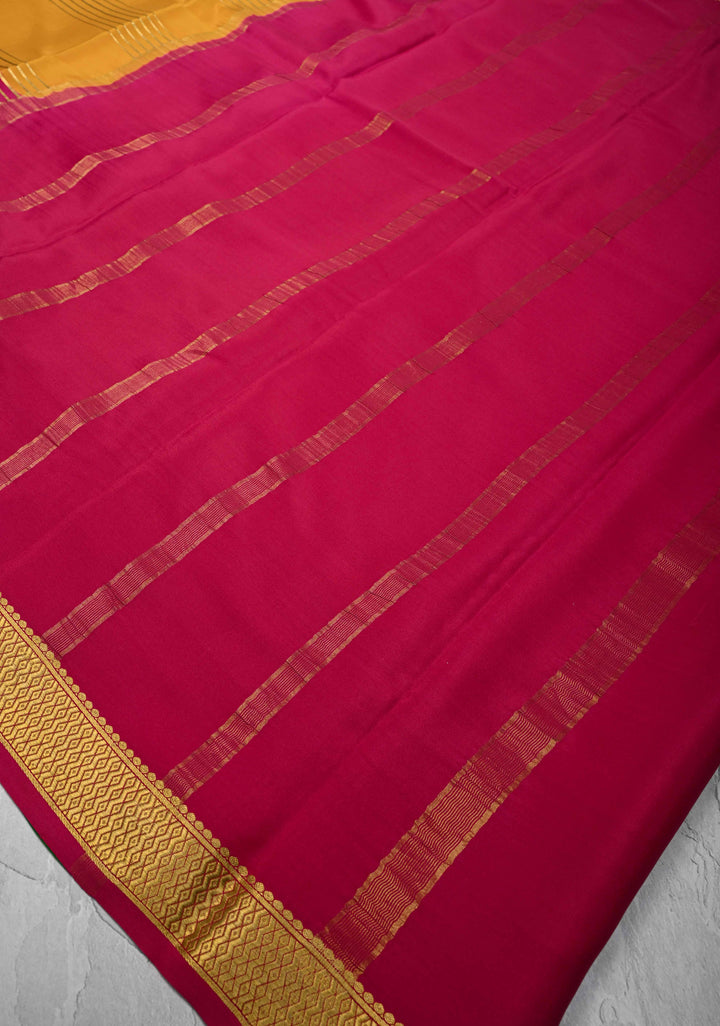 Mustard Yellow Mysore Silk Saree with Horizontal Zari stripes and Panel Border in KSIC Grade Thickness | SILK MARK CERTIFIED