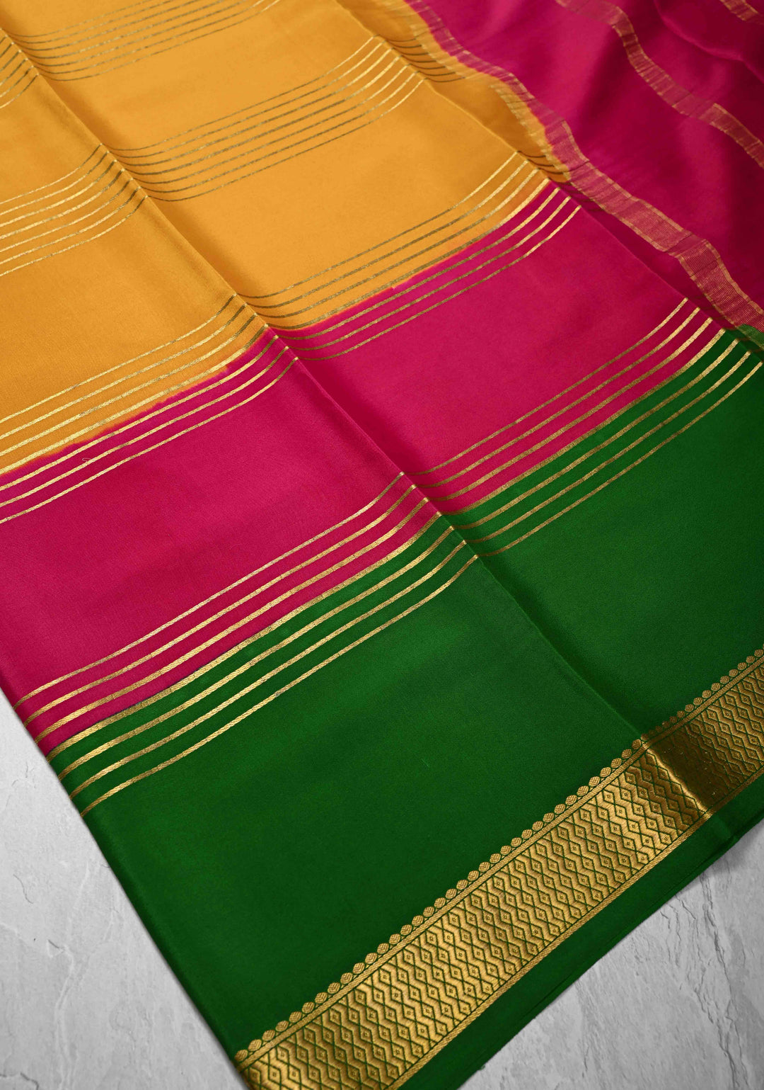 Mustard Yellow Mysore Silk Saree with Horizontal Zari stripes and Panel Border in KSIC Grade Thickness | SILK MARK CERTIFIED