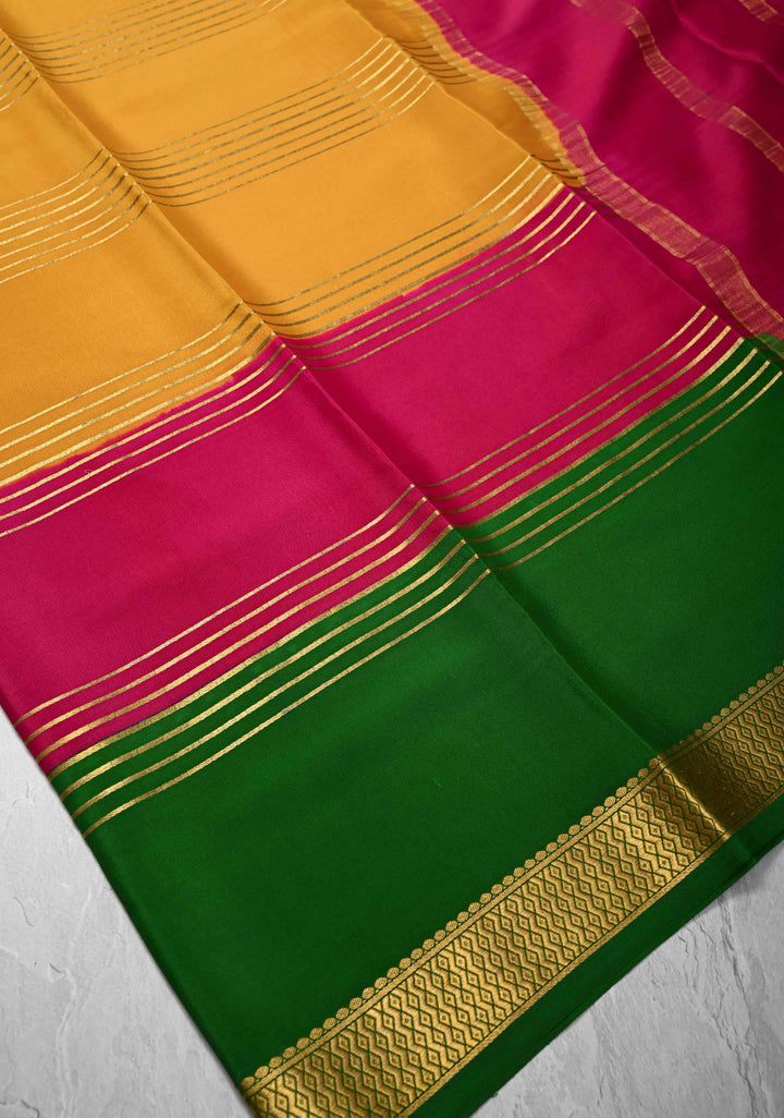 Mustard Yellow Mysore Silk Saree with Horizontal Zari stripes and Panel Border in KSIC Grade Thickness | SILK MARK CERTIFIED