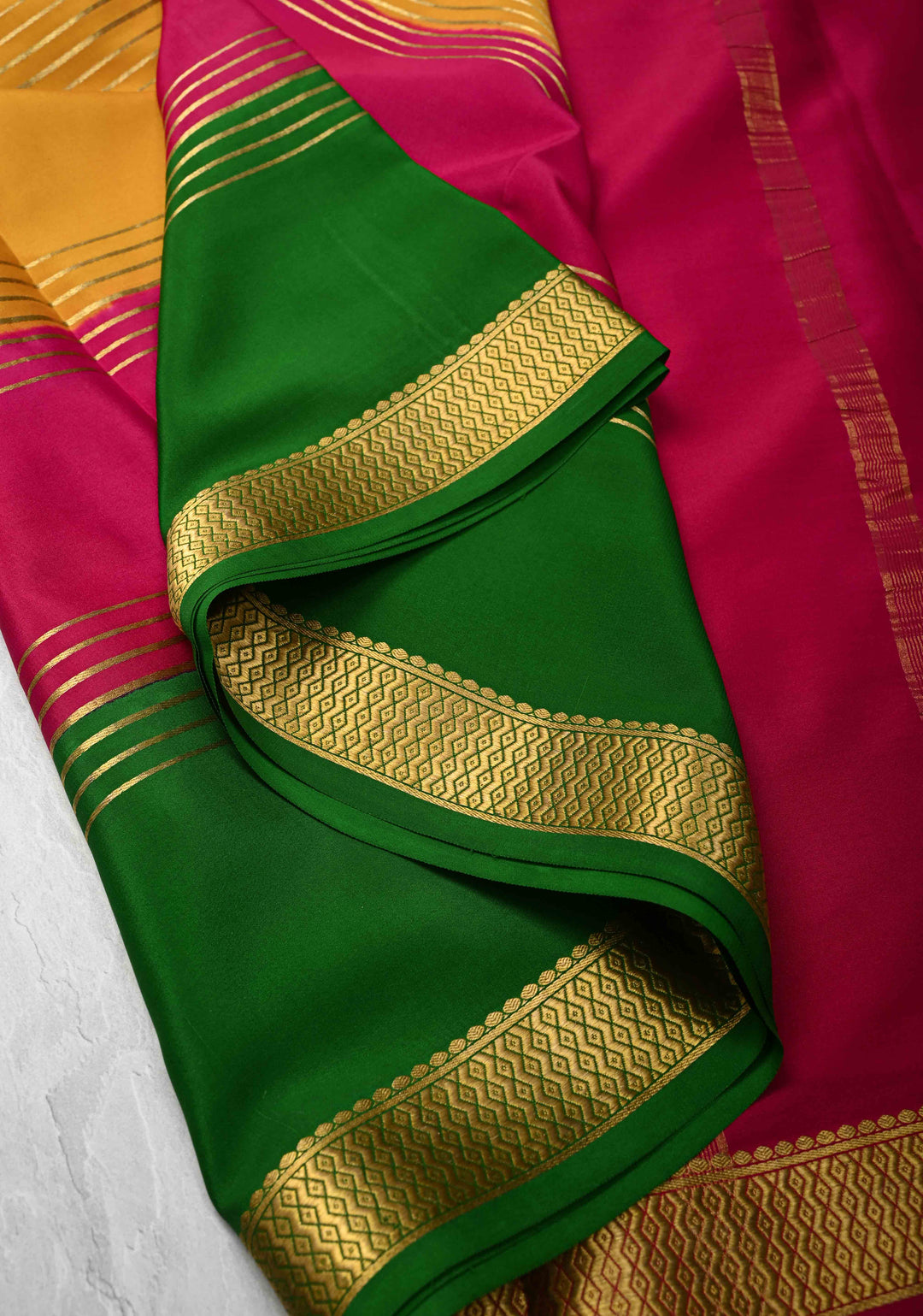 Mustard Yellow Mysore Silk Saree with Horizontal Zari stripes and Panel Border in KSIC Grade Thickness | SILK MARK CERTIFIED