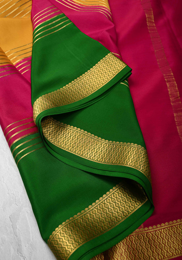 Mustard Yellow Mysore Silk Saree with Horizontal Zari stripes and Panel Border in KSIC Grade Thickness | SILK MARK CERTIFIED