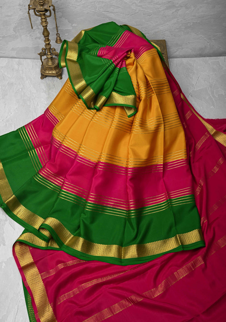 Mustard Yellow Mysore Silk Saree with Horizontal Zari stripes and Panel Border in KSIC Grade Thickness | SILK MARK CERTIFIED