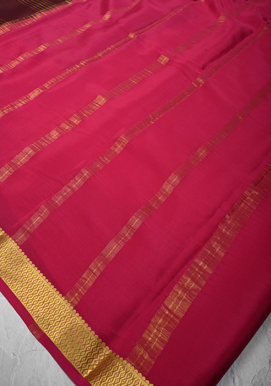 Dark Wine Mysore Silk Saree with Horizontal Zari Stripes and Panel Border in KSIC Grade Thickness | SILK MARK CERTIFIED