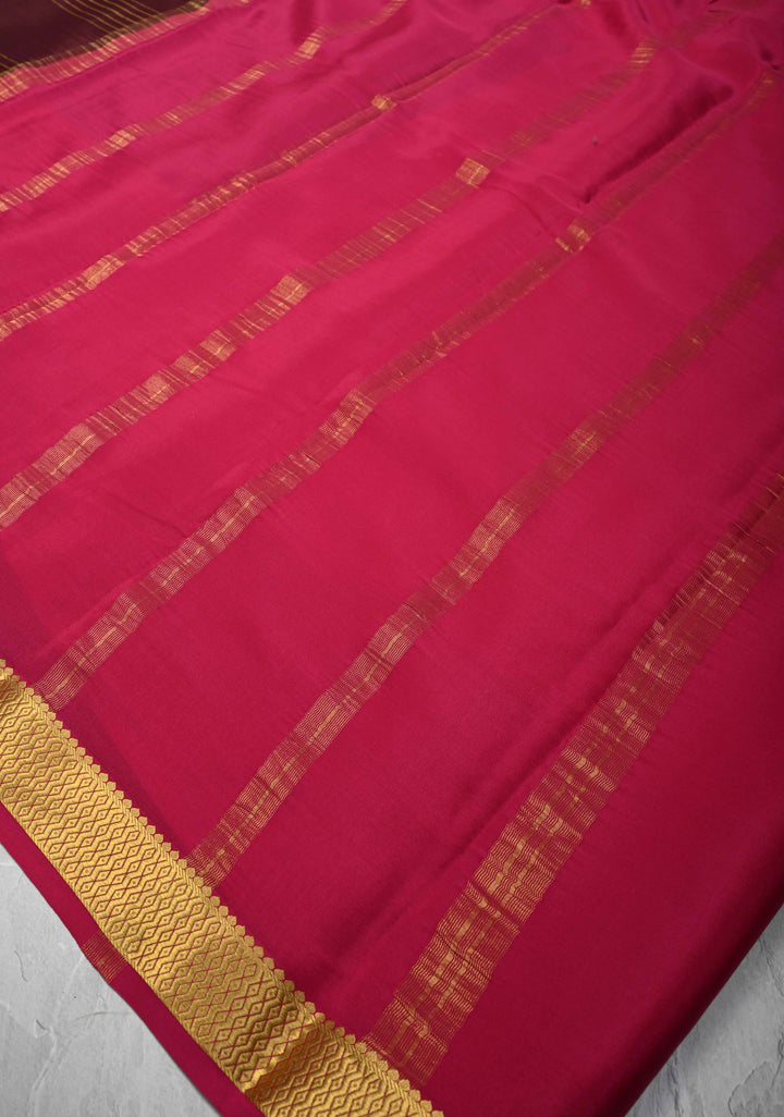Dark Wine Mysore Silk Saree with Horizontal Zari Stripes and Panel Border in KSIC Grade Thickness | SILK MARK CERTIFIED