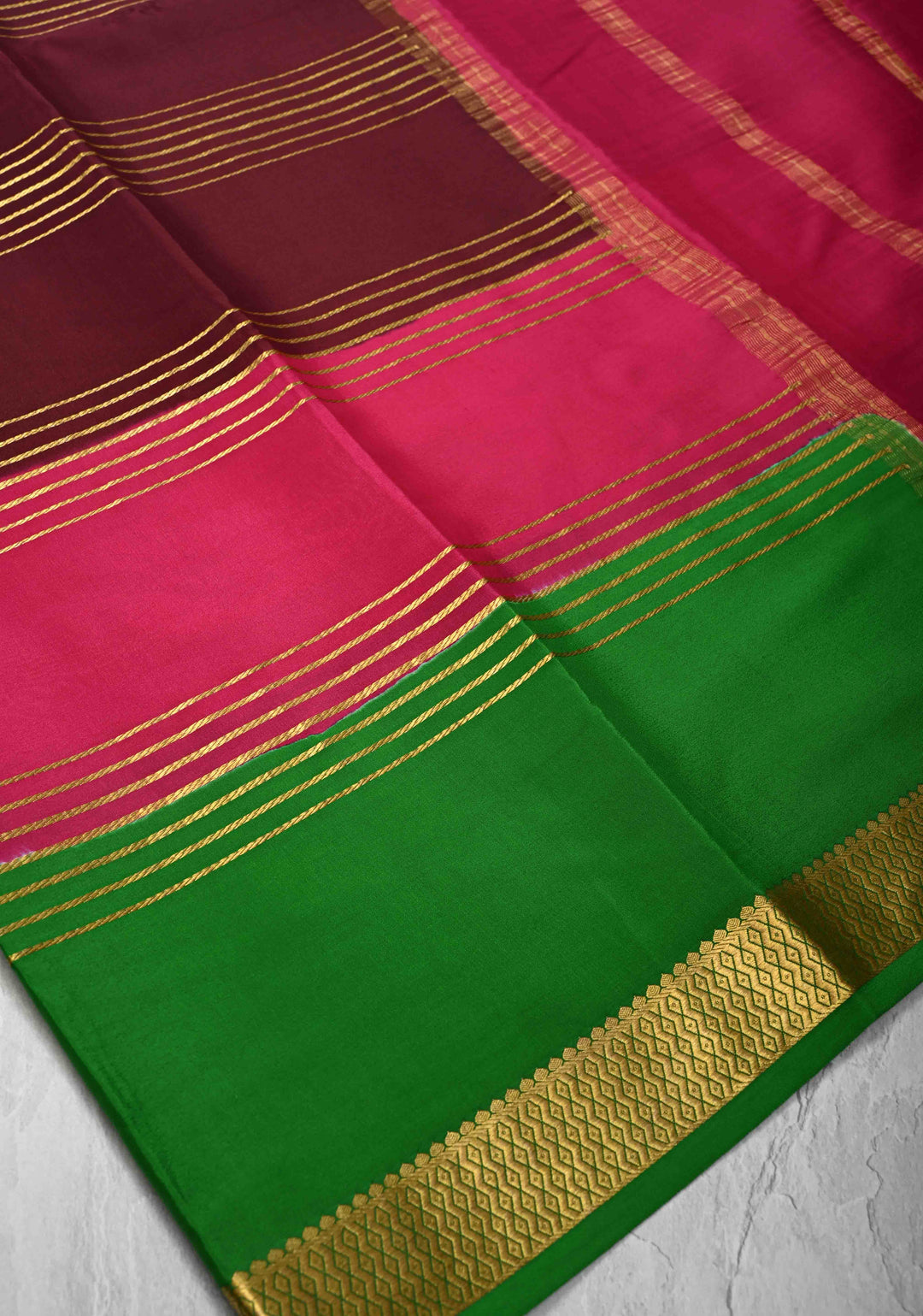Dark Wine Mysore Silk Saree with Horizontal Zari Stripes and Panel Border in KSIC Grade Thickness | SILK MARK CERTIFIED