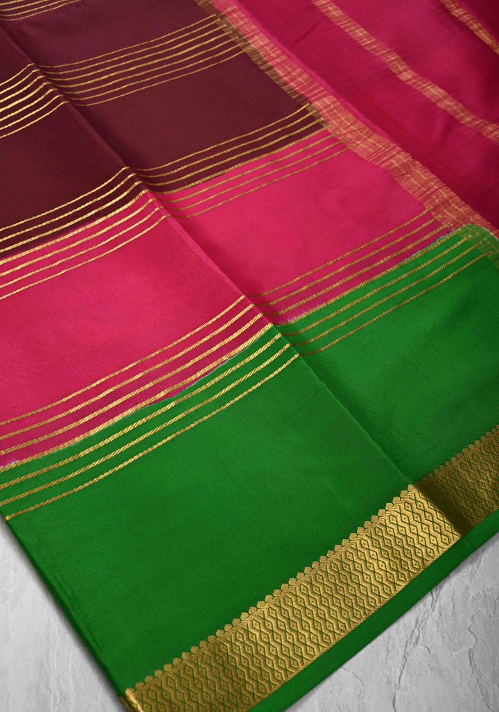 Dark Wine Mysore Silk Saree with Horizontal Zari Stripes and Panel Border in KSIC Grade Thickness | SILK MARK CERTIFIED