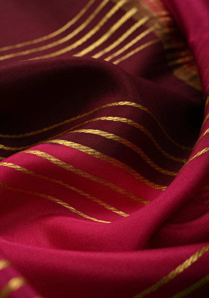 Dark Wine Mysore Silk Saree with Horizontal Zari Stripes and Panel Border in KSIC Grade Thickness | SILK MARK CERTIFIED