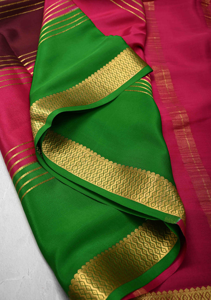 Dark Wine Mysore Silk Saree with Horizontal Zari Stripes and Panel Border in KSIC Grade Thickness | SILK MARK CERTIFIED