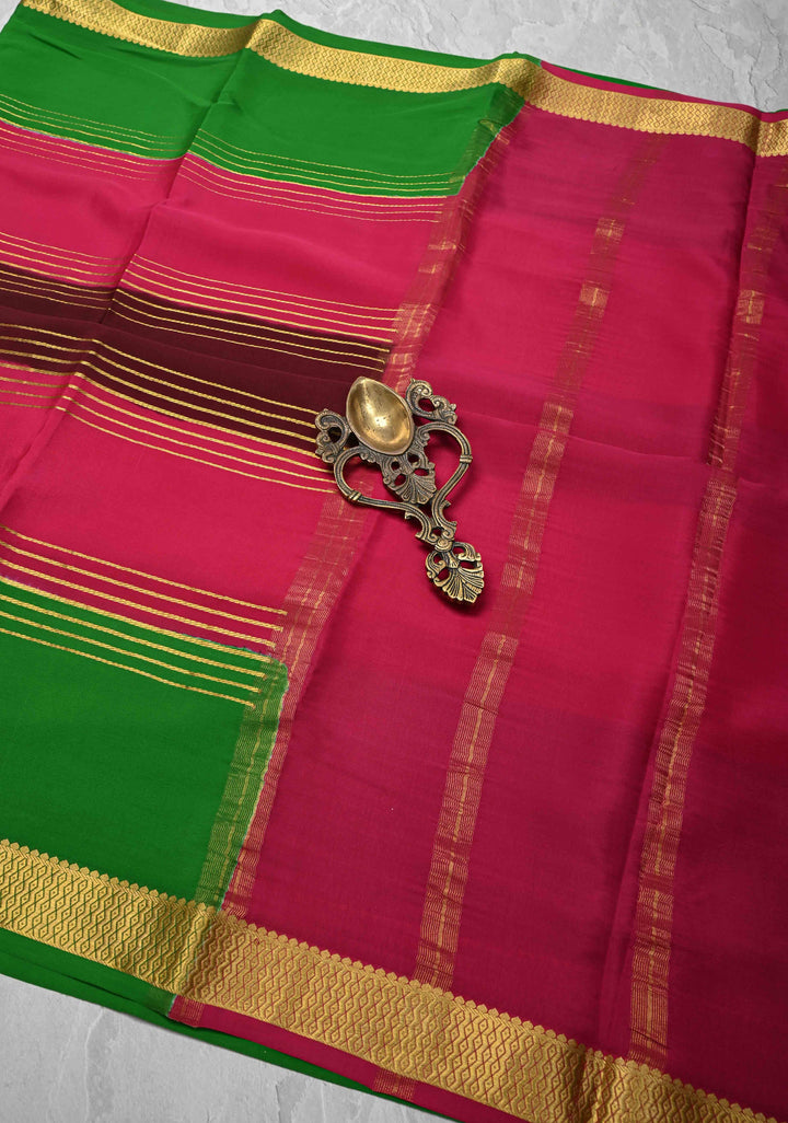 Dark Wine Mysore Silk Saree with Horizontal Zari Stripes and Panel Border in KSIC Grade Thickness | SILK MARK CERTIFIED