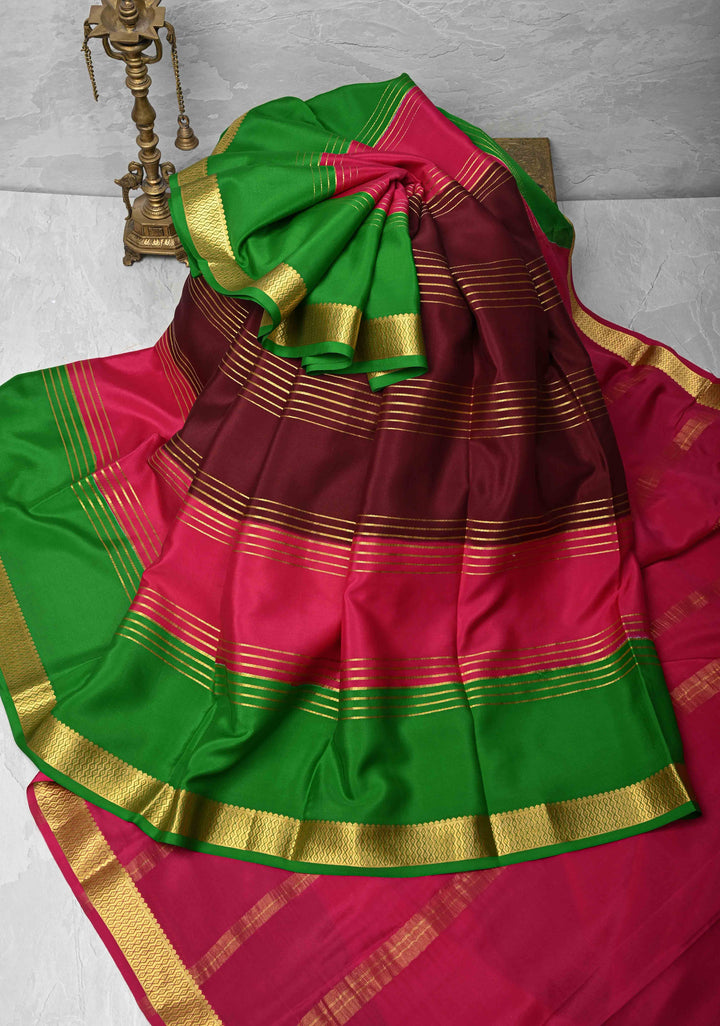 Dark Wine Mysore Silk Saree with Horizontal Zari Stripes and Panel Border in KSIC Grade Thickness | SILK MARK CERTIFIED