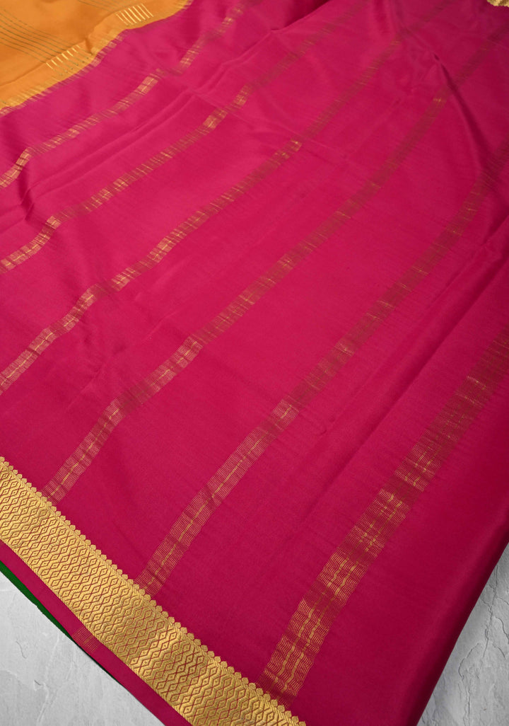 Mustard Yellow Mysore Silk Saree with Horizontal Zari stripes and Panel Border in KSIC Grade Thickness | SILK MARK CERTIFIED
