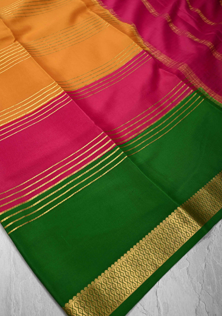Mustard Yellow Mysore Silk Saree with Horizontal Zari stripes and Panel Border in KSIC Grade Thickness | SILK MARK CERTIFIED