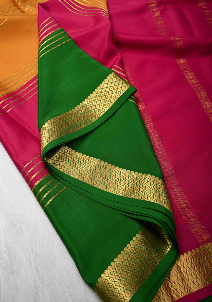 Mustard Yellow Mysore Silk Saree with Horizontal Zari stripes and Panel Border in KSIC Grade Thickness | SILK MARK CERTIFIED