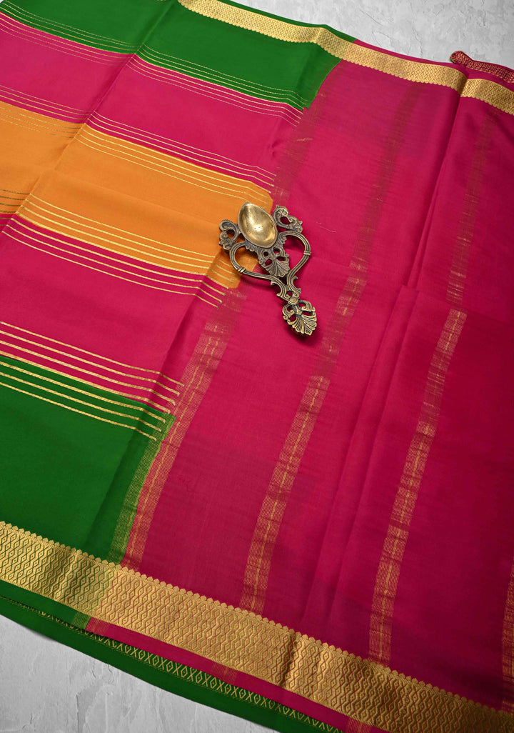 Mustard Yellow Mysore Silk Saree with Horizontal Zari stripes and Panel Border in KSIC Grade Thickness | SILK MARK CERTIFIED
