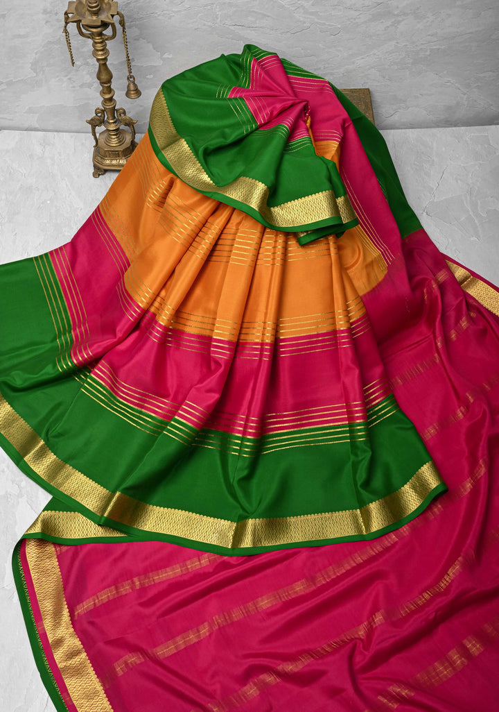 Mustard Yellow Mysore Silk Saree with Horizontal Zari stripes and Panel Border in KSIC Grade Thickness | SILK MARK CERTIFIED