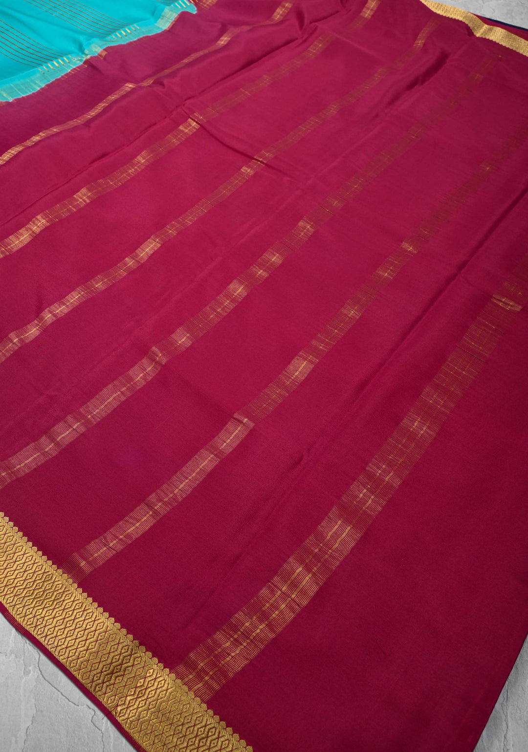 Cyan Mysore Silk Saree with Horizontal Zari Stripes and Contrast Panel Border in KSIC Grade Thickness | SILK MARK CERTIFIED