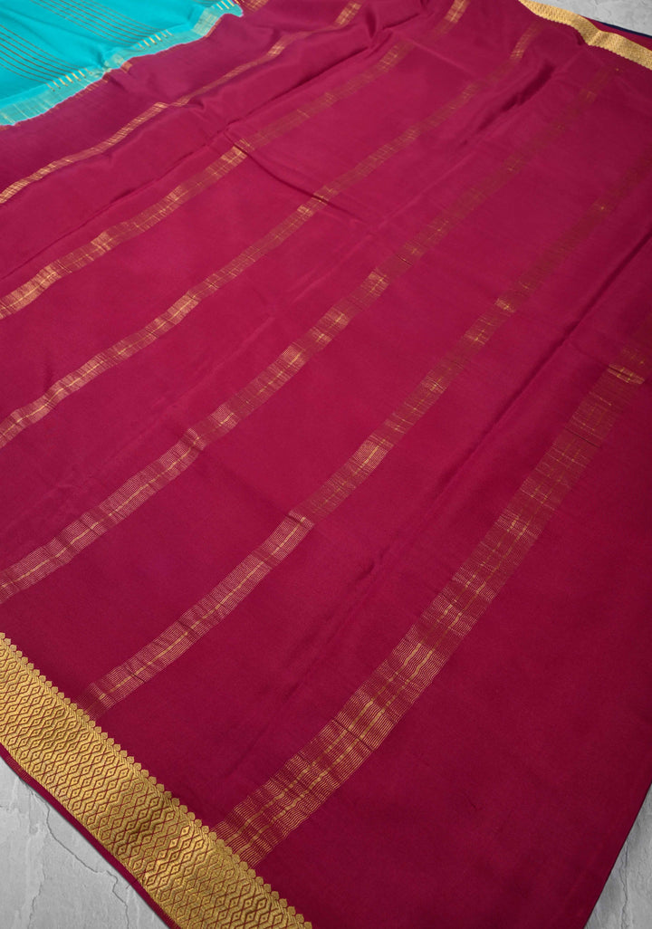 Cyan Mysore Silk Saree with Horizontal Zari Stripes and Contrast Panel Border in KSIC Grade Thickness | SILK MARK CERTIFIED