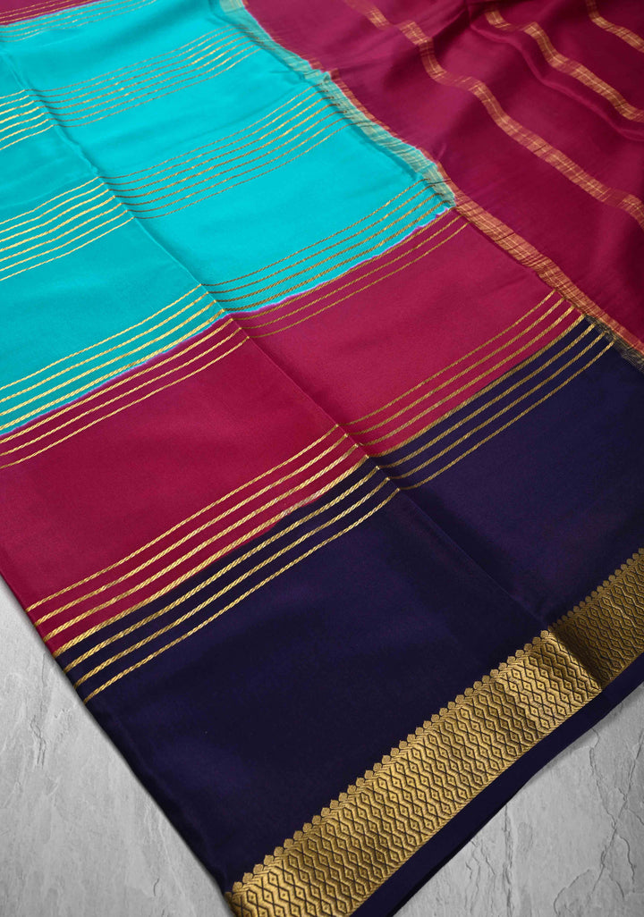 Cyan Mysore Silk Saree with Horizontal Zari Stripes and Contrast Panel Border in KSIC Grade Thickness | SILK MARK CERTIFIED
