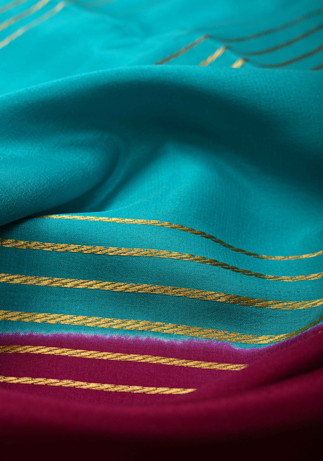 Cyan Mysore Silk Saree with Horizontal Zari Stripes and Contrast Panel Border in KSIC Grade Thickness | SILK MARK CERTIFIED