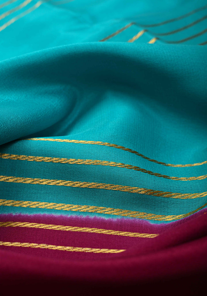 Cyan Mysore Silk Saree with Horizontal Zari Stripes and Contrast Panel Border in KSIC Grade Thickness | SILK MARK CERTIFIED
