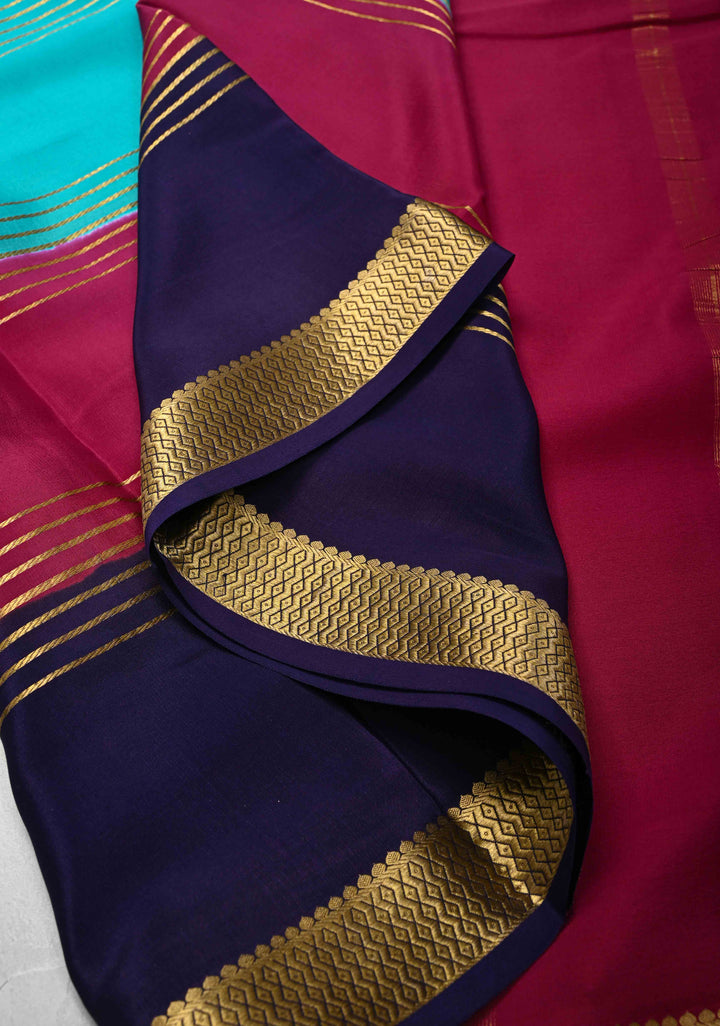 Cyan Mysore Silk Saree with Horizontal Zari Stripes and Contrast Panel Border in KSIC Grade Thickness | SILK MARK CERTIFIED