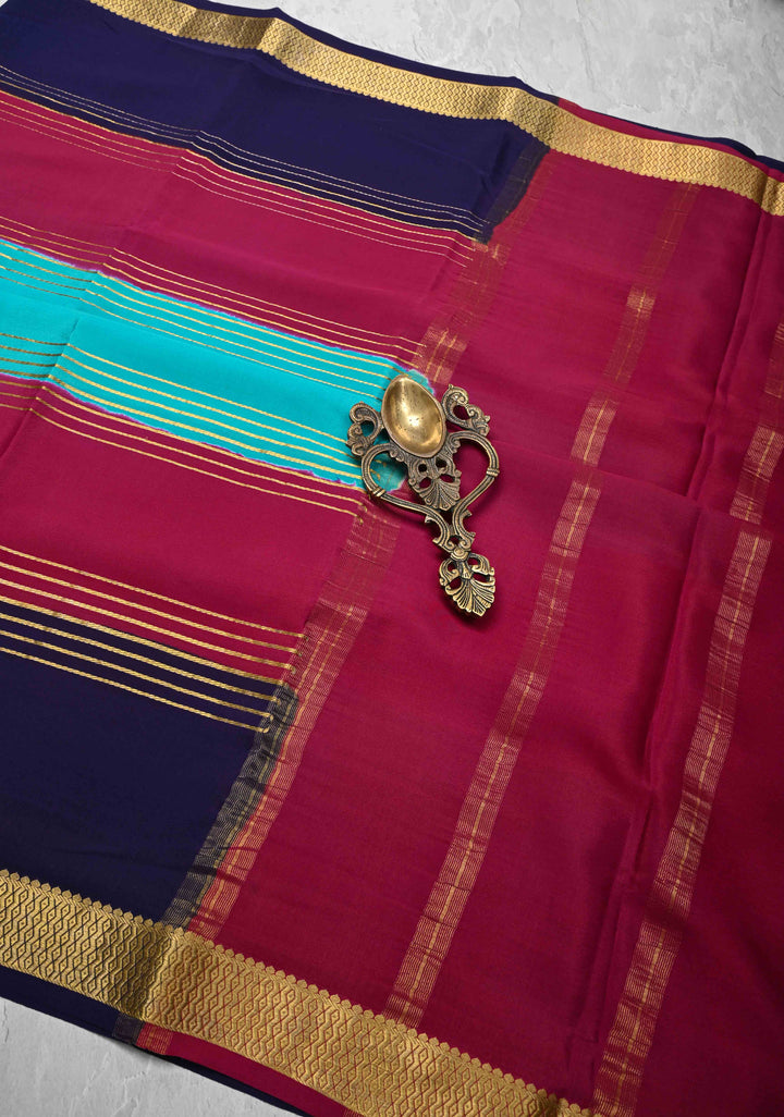 Cyan Mysore Silk Saree with Horizontal Zari Stripes and Contrast Panel Border in KSIC Grade Thickness | SILK MARK CERTIFIED