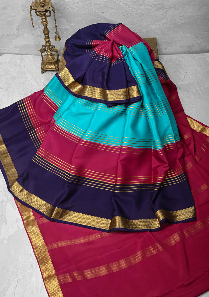 Cyan Mysore Silk Saree with Horizontal Zari Stripes and Contrast Panel Border in KSIC Grade Thickness | SILK MARK CERTIFIED