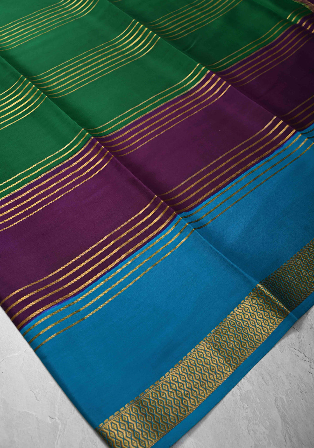 Bottle Green Mysore Silk Saree with Horizontal Zari Stripes and Contrast Panel Border in KSIC Grade Thickness | SILK MARK CERTIFIED