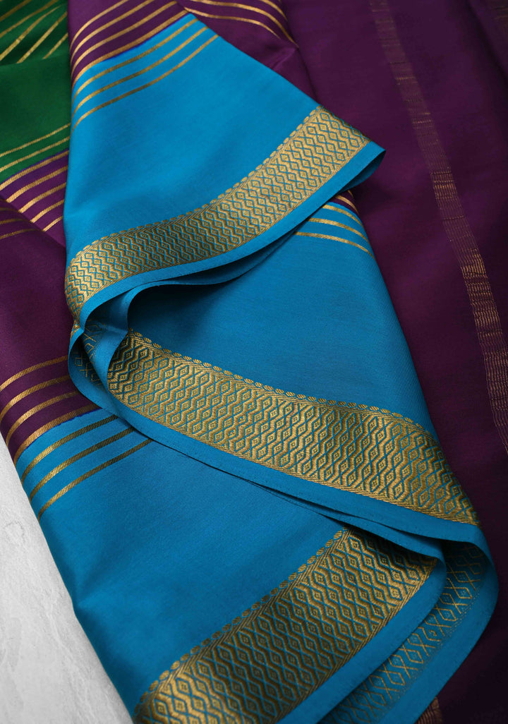 Bottle Green Mysore Silk Saree with Horizontal Zari Stripes and Contrast Panel Border in KSIC Grade Thickness | SILK MARK CERTIFIED