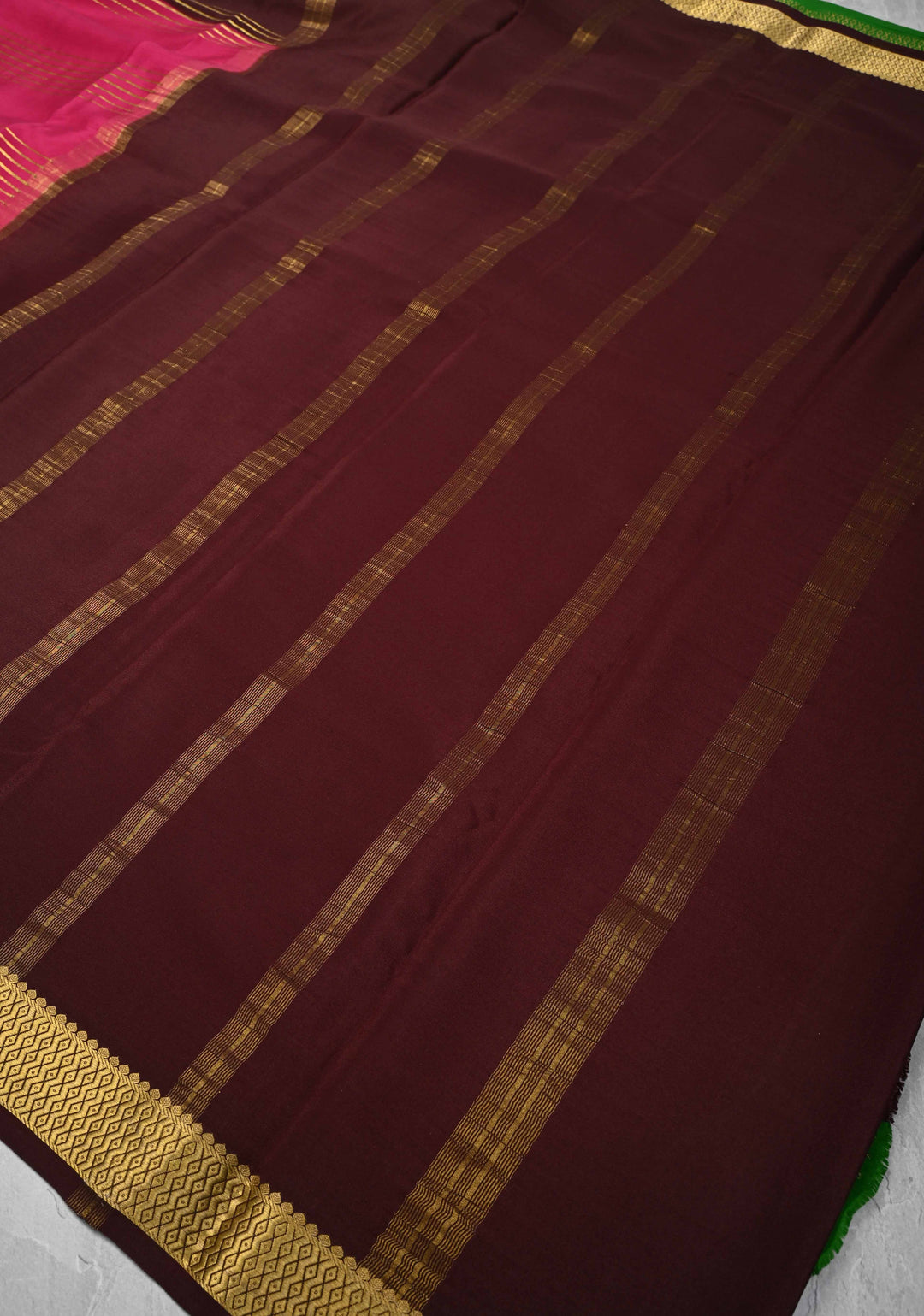 Dark Pink Mysore Silk Saree with Horizontal Zari Stripes and Panel Border in KSIC Grade Thickness | SILK MARK CERTIFIED