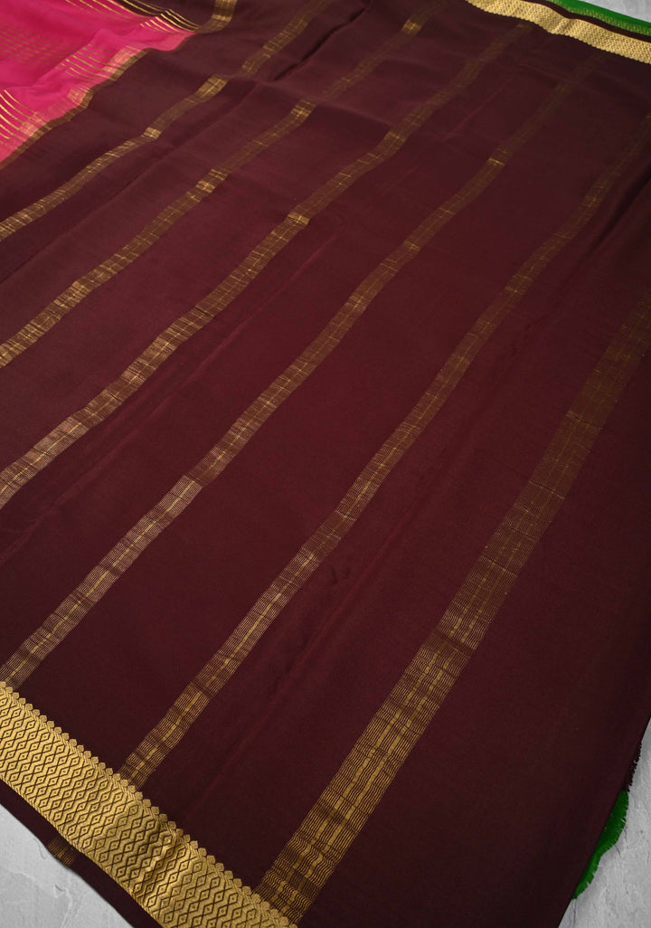 Dark Pink Mysore Silk Saree with Horizontal Zari Stripes and Panel Border in KSIC Grade Thickness | SILK MARK CERTIFIED