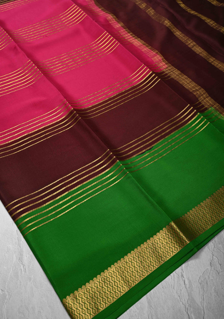 Dark Pink Mysore Silk Saree with Horizontal Zari Stripes and Panel Border in KSIC Grade Thickness | SILK MARK CERTIFIED