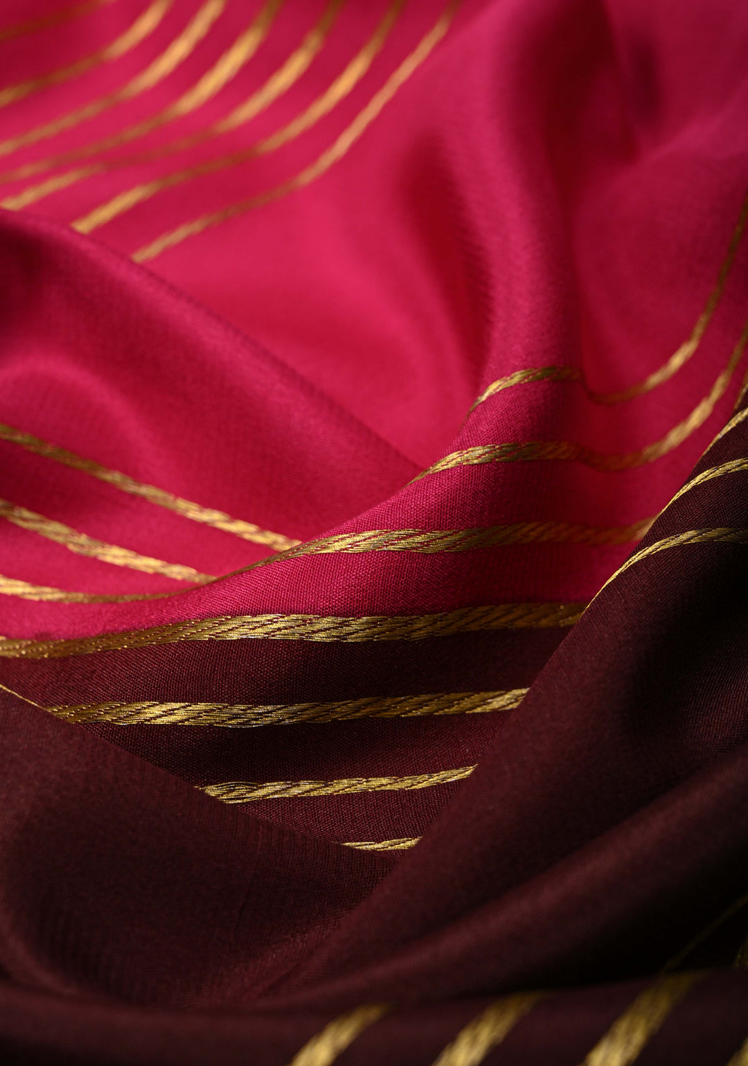 Dark Pink Mysore Silk Saree with Horizontal Zari Stripes and Panel Border in KSIC Grade Thickness | SILK MARK CERTIFIED